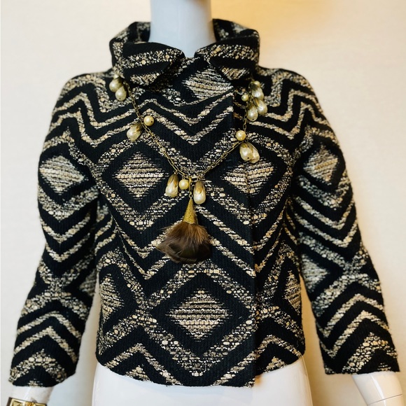 GIAMBATTISTA VALLI DESIGNER WOOL BLACK METALLIC GOLD CROPPED FITTED JACKET ITALY - Picture 6 of 15